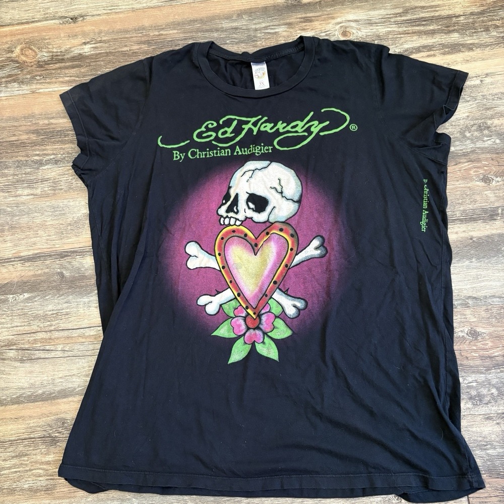 Vintage Ed Hardy Christian Audigier Shirt Womens 3X Skull Heart USA